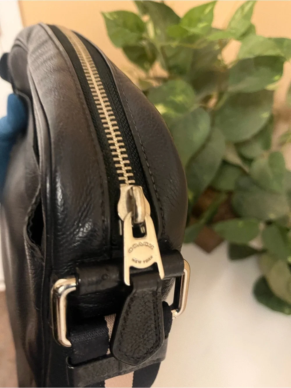 Men's Dark Navy Leather Crossbody Bag with Striped Strap